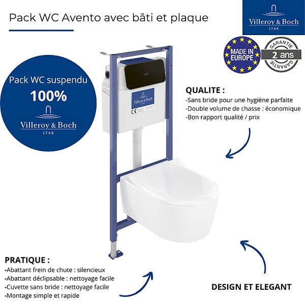 VILLEROY ET BOCH - Pack WC sans bride  Avento + Bâti support + abattant frein de chute + plaque noir mat  + Tabouret bois - large