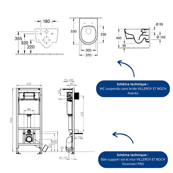 VILLEROY ET BOCH - Pack WC sans bride  Avento + Bâti support + abattant frein de chute + plaque noir mat  + Tabouret bois - large