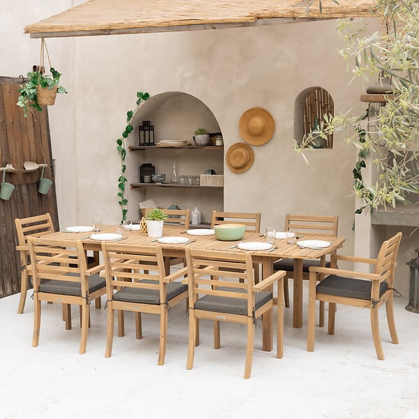 HAPPY GARDEN - Salon de jardin extensible 180/240cm PADAR en acacia 8 places - coussins gris - large