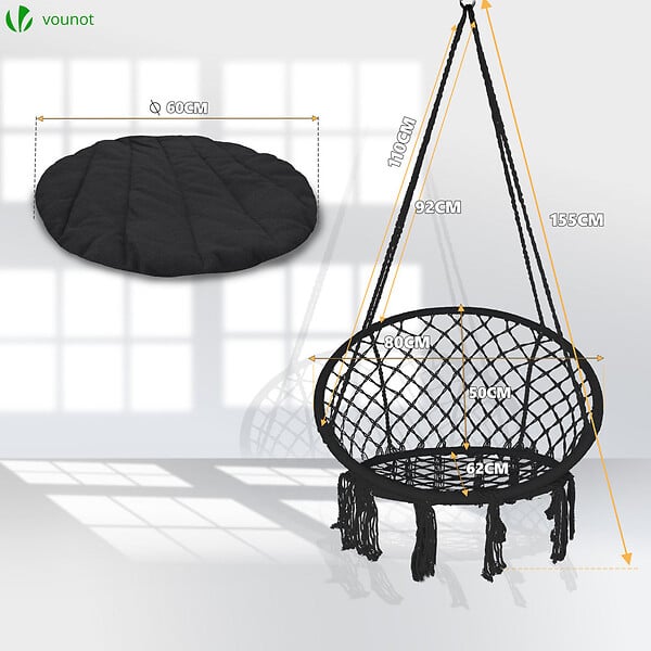 VOUNOT - Fauteuil suspendu avec coussin rond noir - large