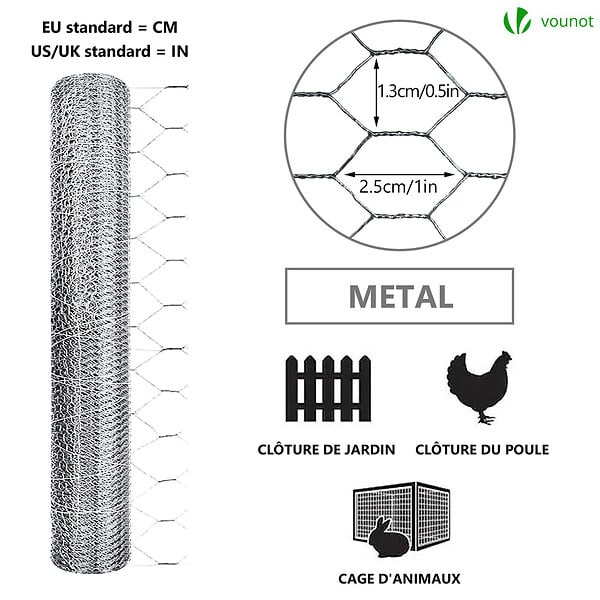 VOUNOT - Grillage a poule avec fils 13mm en acier galvanise 1x50M - large
