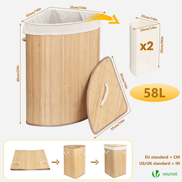 VOUNOT - Panier a linge en bambou d’angle avec couvercle 58L - large