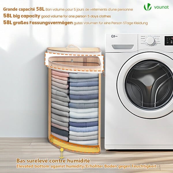 VOUNOT - Panier a linge en bambou d’angle avec couvercle 58L - large