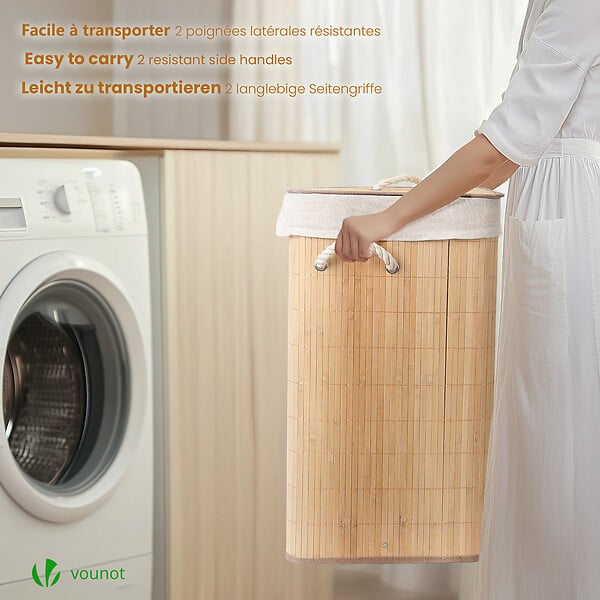 VOUNOT - Panier a linge en bambou d’angle avec couvercle 58L - large
