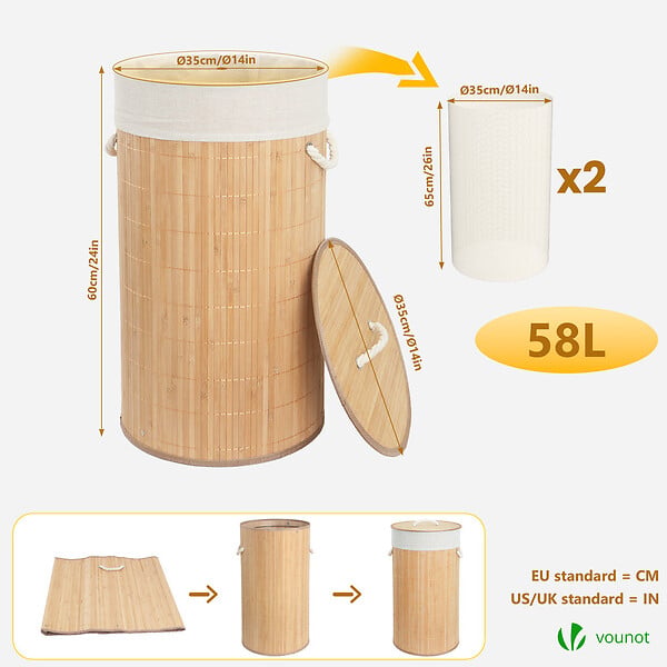 VOUNOT - Panier a linge en bambou rond avec couvercle 58L - large