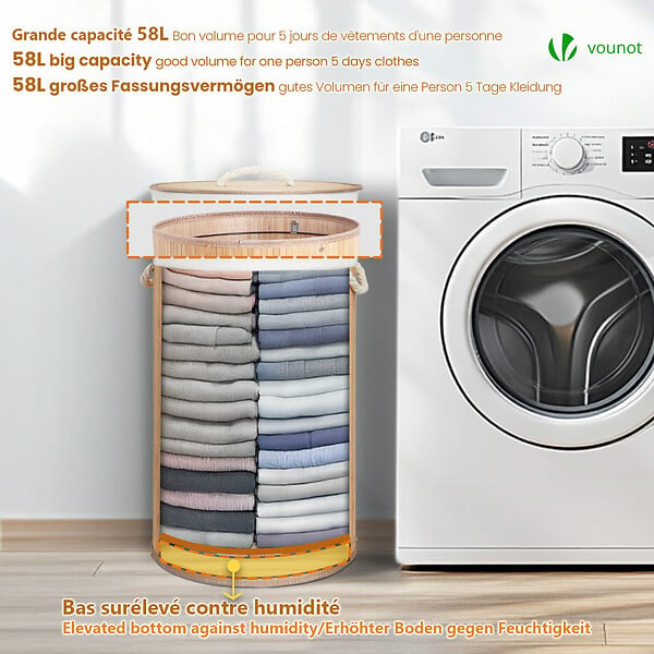 VOUNOT - Panier a linge en bambou rond avec couvercle 58L - large