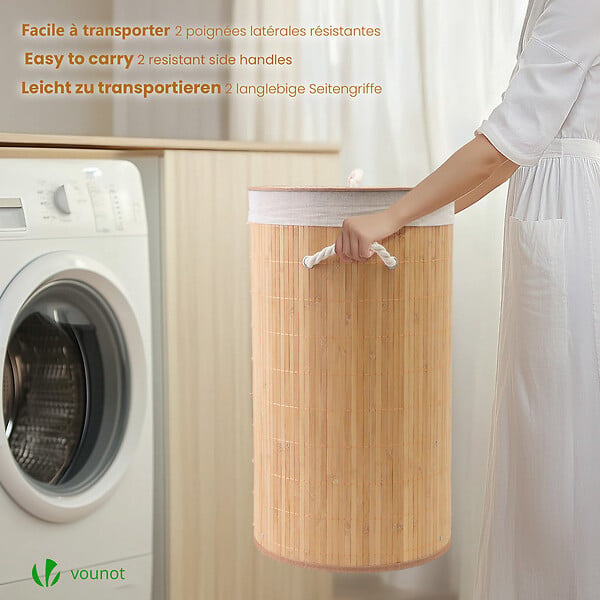 VOUNOT - Panier a linge en bambou rond avec couvercle 58L - large