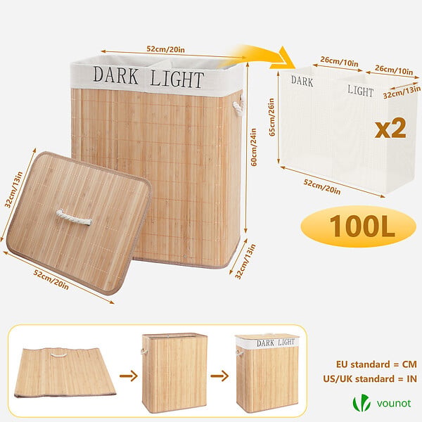 VOUNOT - Panier a linge en bambou rectangulaire double compartiments avec couvercle 100L - large