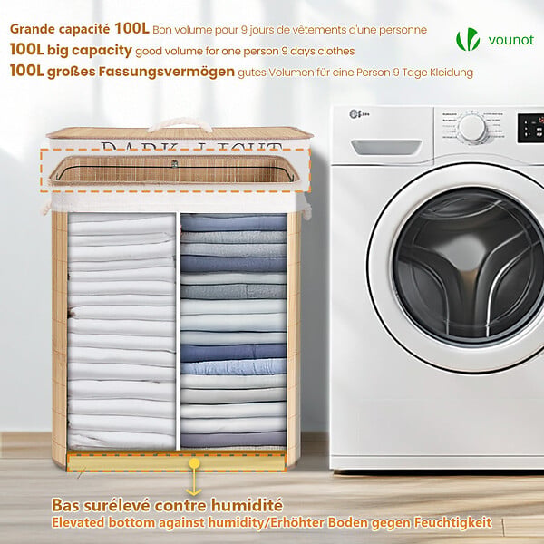 VOUNOT - Panier a linge en bambou rectangulaire double compartiments avec couvercle 100L - large