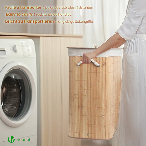 VOUNOT - Panier a linge en bambou rectangulaire double compartiments avec couvercle 100L - large