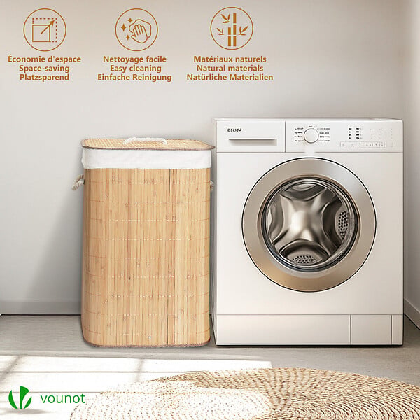 VOUNOT - Panier a linge en bambou rectangulaire avec couvercle 72L - large