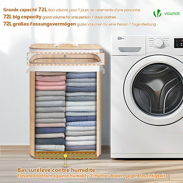 VOUNOT - Panier a linge en bambou rectangulaire avec couvercle 72L - large