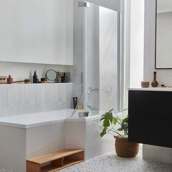 JACOB DELAFON - Baignoire bain douche  Neo 170 x 90 droite + pare bain + tablier + étagère - large