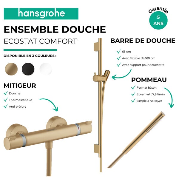 HANSGROHE - Pack mitigeur douche thermostatique Ecostat Comfort + Barre Unica S Puro + flexible + Pommeau Pulsify S bronze brossé - large