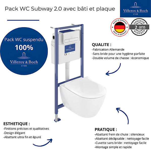 VILLEROY ET BOCH - Pack WC sans bride  Subway 2.0 abattant frein de chute + bâti-support sol et mur+ plaque Chromé mat + Tabouret - large
