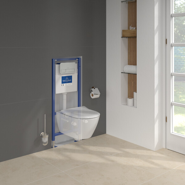 VILLEROY ET BOCH - Pack WC sans bride  Subway 2.0 abattant frein de chute + bâti-support sol et mur+ plaque blanche + Tabouret blanc - large