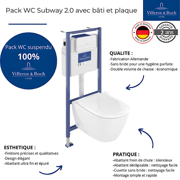 VILLEROY ET BOCH - Pack WC sans bride  Subway 2.0 abattant frein de chute + bâti-support sol et mur+ plaque blanche + Tabouret blanc - large