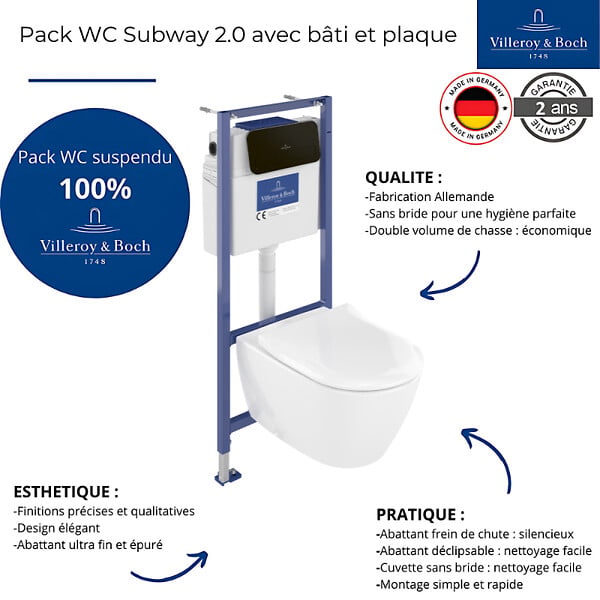 VILLEROY ET BOCH - Pack WC sans bride  Subway 2.0 abattant frein de chute + bâti-support sol et mur+ plaque noir mat +Tabouret bois - large