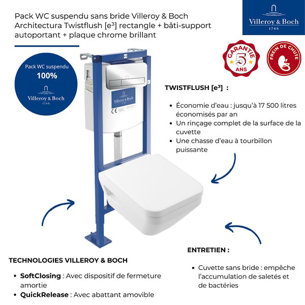 VILLEROY ET BOCH - Pack WC suspendu sans bride Architectura Twistflush [e³] rectangle+bâti-support ViConnect+plaque chrome brillant - large
