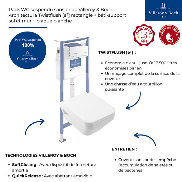 VILLEROY ET BOCH - Pack WC suspendu sans bride Architectura Twistflush [e³] rectangle + bâti-support sol et mur + plaque blanc - large