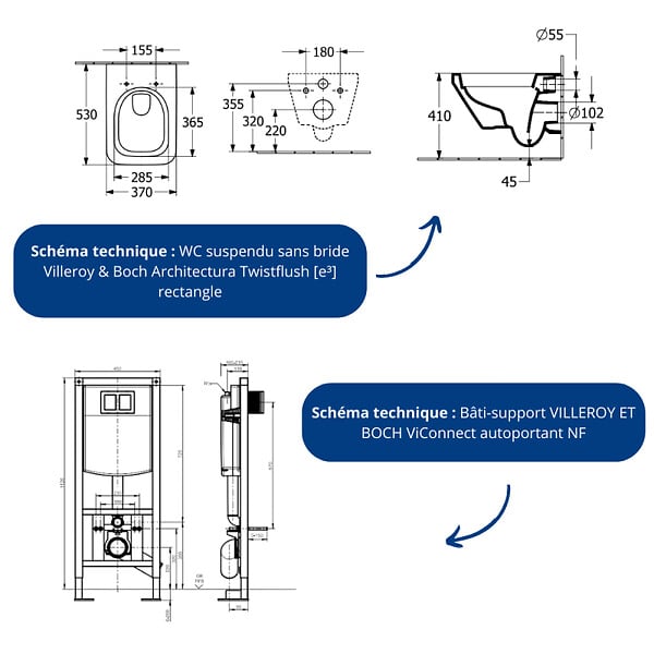 VILLEROY ET BOCH - Pack WC suspendu sans bride Architectura Twistflush [e³] rectangle + bâti-support ViConnect + plaque blanc - large