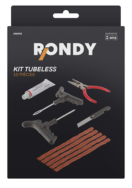 RONDY - Kit réparation crevaison 10 pièces - pneus tubeless - large