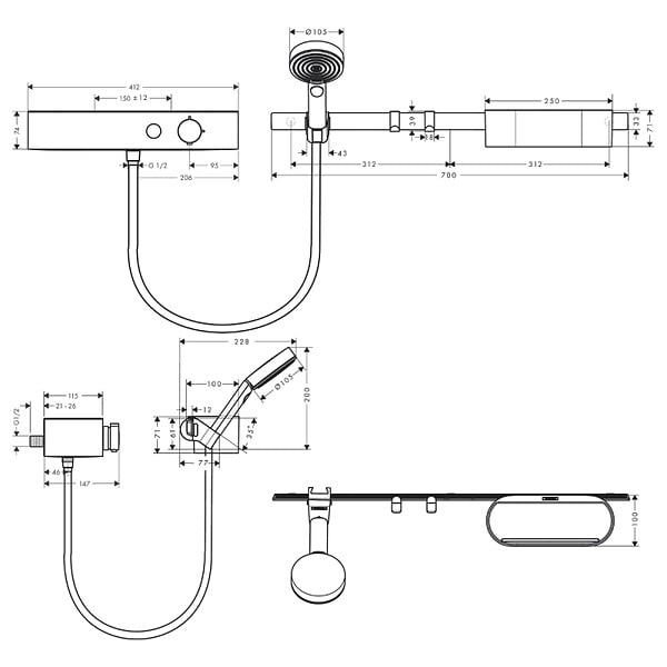HANSGROHE - Pack mitigeur douche thermostatique encastré WallStoris noir mat avec accessoires - large