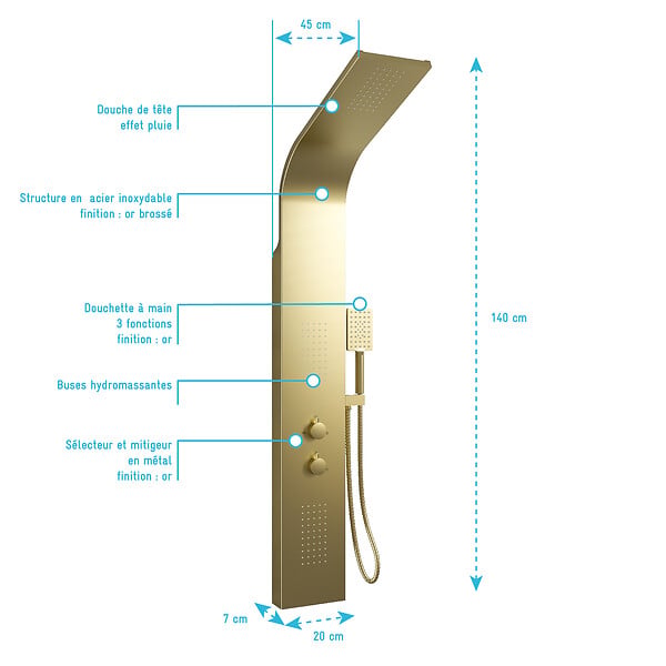 AURLANE - Colonne de douche Effet Pluie - 140x20cm - Acier inoxydable Or brossé - large