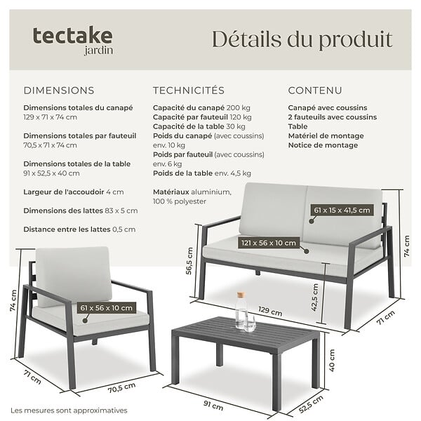 TECTAKE - Ensemble de salon Göteborg avec table gris clair - large