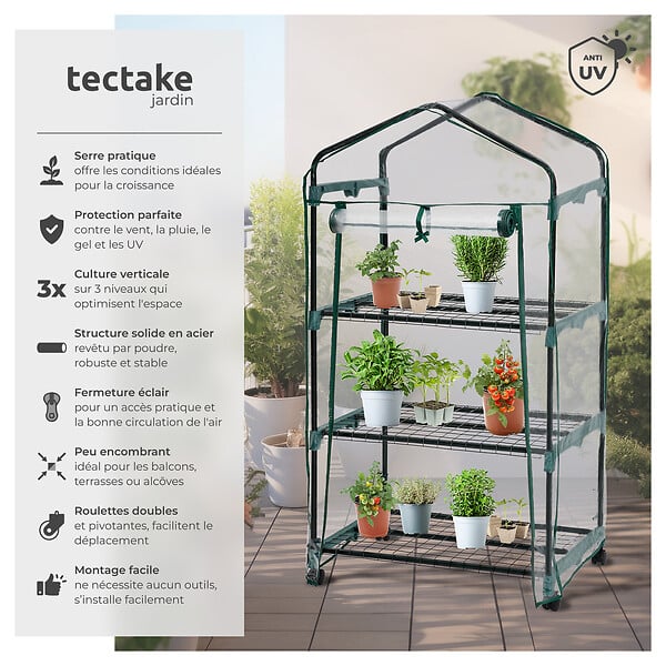 TECTAKE - Serre de balcon avec 3 étagères 69x49x133cm blanc transparent - large