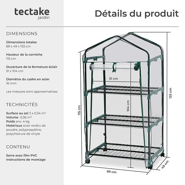 TECTAKE - Serre de balcon avec 3 étagères 69x49x133cm blanc transparent - large