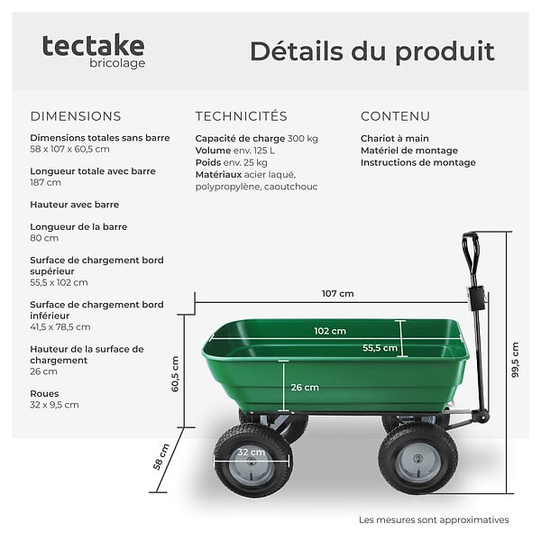 TECTAKE - Chariot de jardin à main Tummi 125L capacité de charge 300kg vert - large