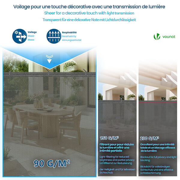 VOUNOT - Brise vue occultant en HDPE 90g/m² 1.8x10m avec attaches de fixation gris - large
