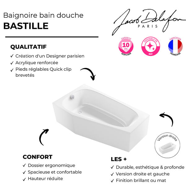 JACOB DELAFON - Pack baignoire bain douche 170 x 90 Bastille vidage à gauche blanc brillant + tablier en angle - large