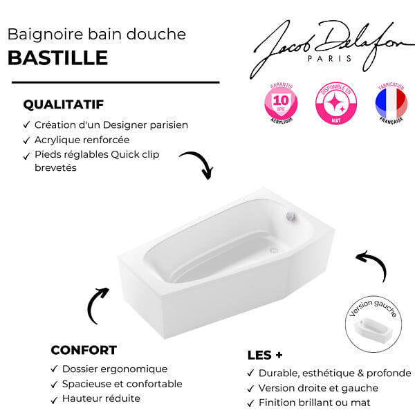 JACOB DELAFON - Baignoire bain douche 170 x 90 Bastille vidage à droite blanc brillant - large