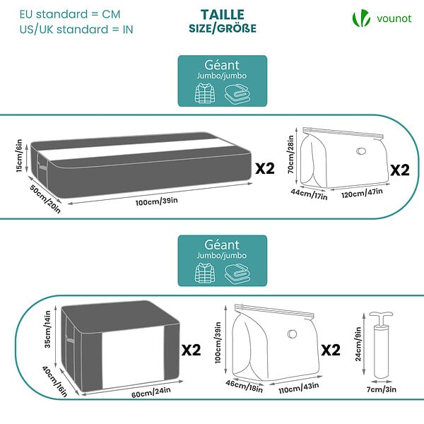 VOUNOT - Lot de 9 sac de rangement sous vide Non Tisse XXL gris - large