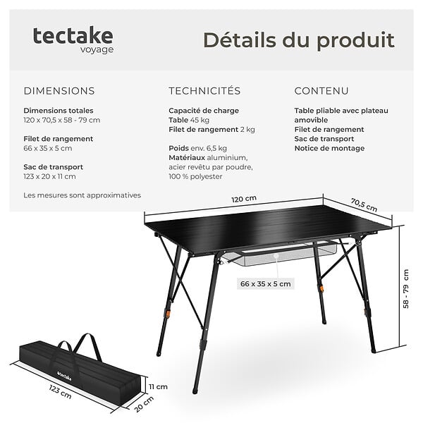 TECTAKE - Table pliante en aluminium Bastian, réglable en hauteur noir - large