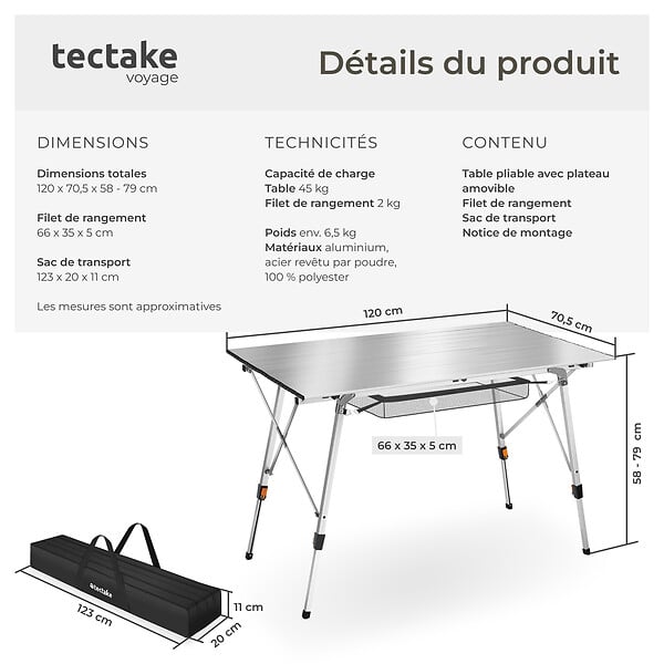 TECTAKE - Table pliante en aluminium Bastian, réglable en hauteur argent - large