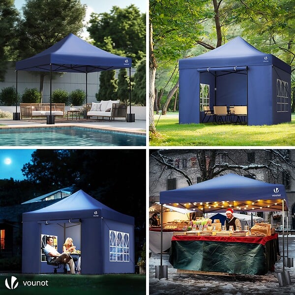 VOUNOT - Tonnelle de jardin renforcée 3x3m pliable avec 4 parois et sac de transport a roulette bleue - large