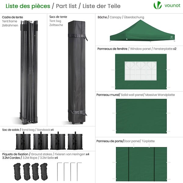 VOUNOT - Tonnelle de jardin renforcée 3x3m pliable avec 4 parois et sac de transport a roulette verte - large