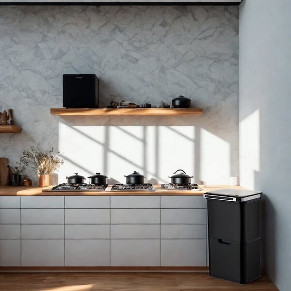 BEYOND BLUE - Poubelle cuisine automatique de tri à 4 compartiments - 60L -  Noir mat - Piles ou batterie - large