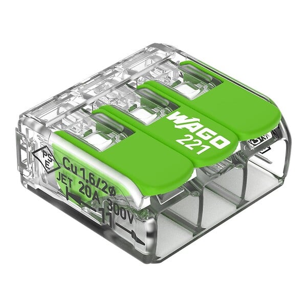WAGO - Boite de 50 bornes d'installation 221 Green Range Wago - 3 conducteurs 4mm² - à leviers souple & rigide - large