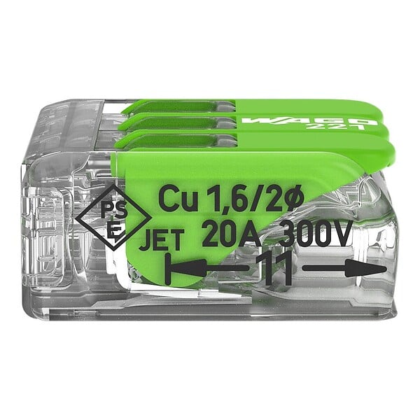 WAGO - Boite de 50 bornes d'installation 221 Green Range Wago - 3 conducteurs 4mm² - à leviers souple & rigide - large