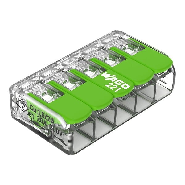 WAGO - Boite de 25 bornes d'installation 221 Green Range Wago - 5 conducteurs 4mm² - à leviers souple & rigide - large