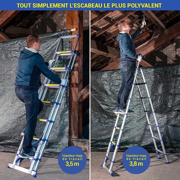 HOSTRÃ–M - Escabeau 8 marches telescopique EXTENDACT8, Echelle telescopique 2,3 m+2m, escabeau pliable télescopique, H max travail 3,8m, Garantie 5 ans, Hostrom - large