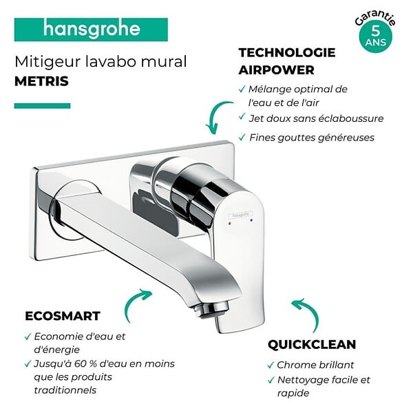 HANSGROHE - Mitigeur lavabo mural Metris + corps encastré Economie d'eau - large