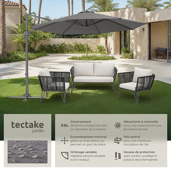 TECTAKE - Parasol DARIA 300 cm avec pied déporté et housse de protection gris - large