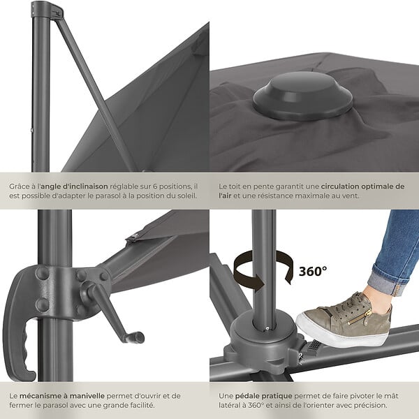 TECTAKE - Parasol DARIA 300 cm avec pied déporté et housse de protection gris - large