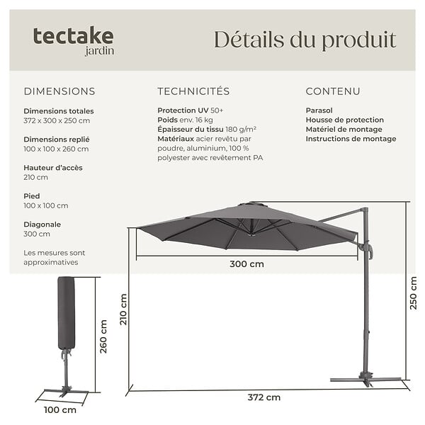 TECTAKE - Parasol DARIA 300 cm avec pied déporté et housse de protection gris - large