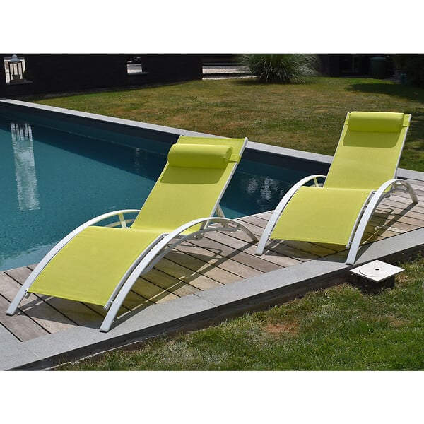 HAPPY GARDEN - Lot de 2 transats GALAPAGOS en textilène vert - aluminium blanc - large